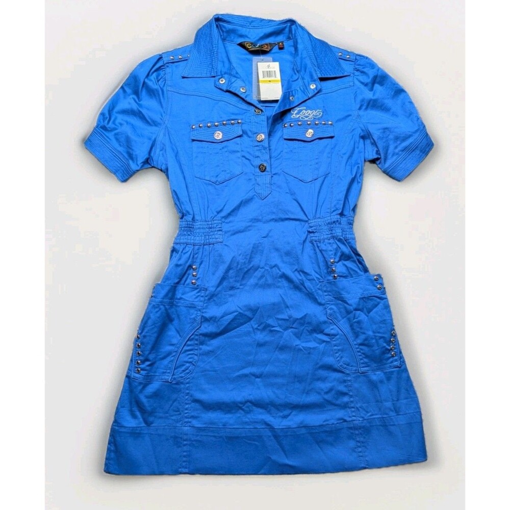 NWT Coogi Junior Size Small Blue Studded Snap Front Short Sleeve Dress